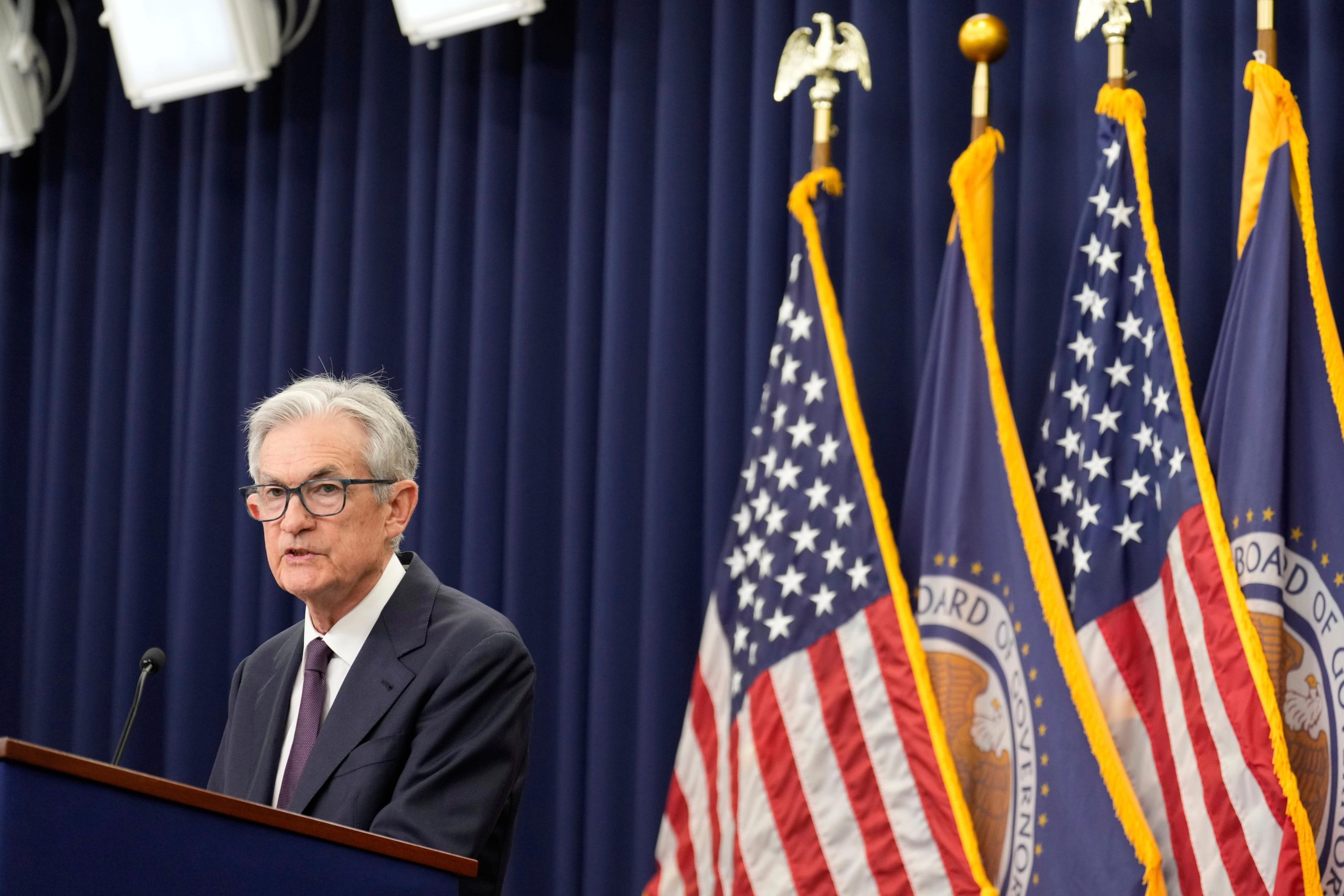 Federal Reserve Board Chairman Jerome Powell speaks during a news...