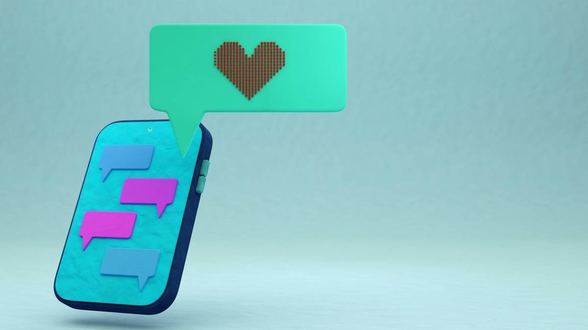 shows a floating 3D smartphone with chat bubbles and a pixel heart notification, symbolizing online love, messaging, and engagement.