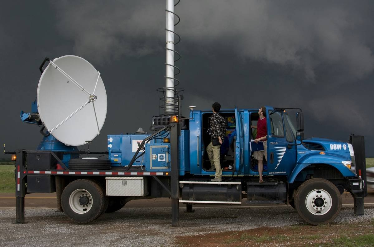 A Doppler on Wheels radar tracks an intense supercell thunderstorm west of Guthrie.